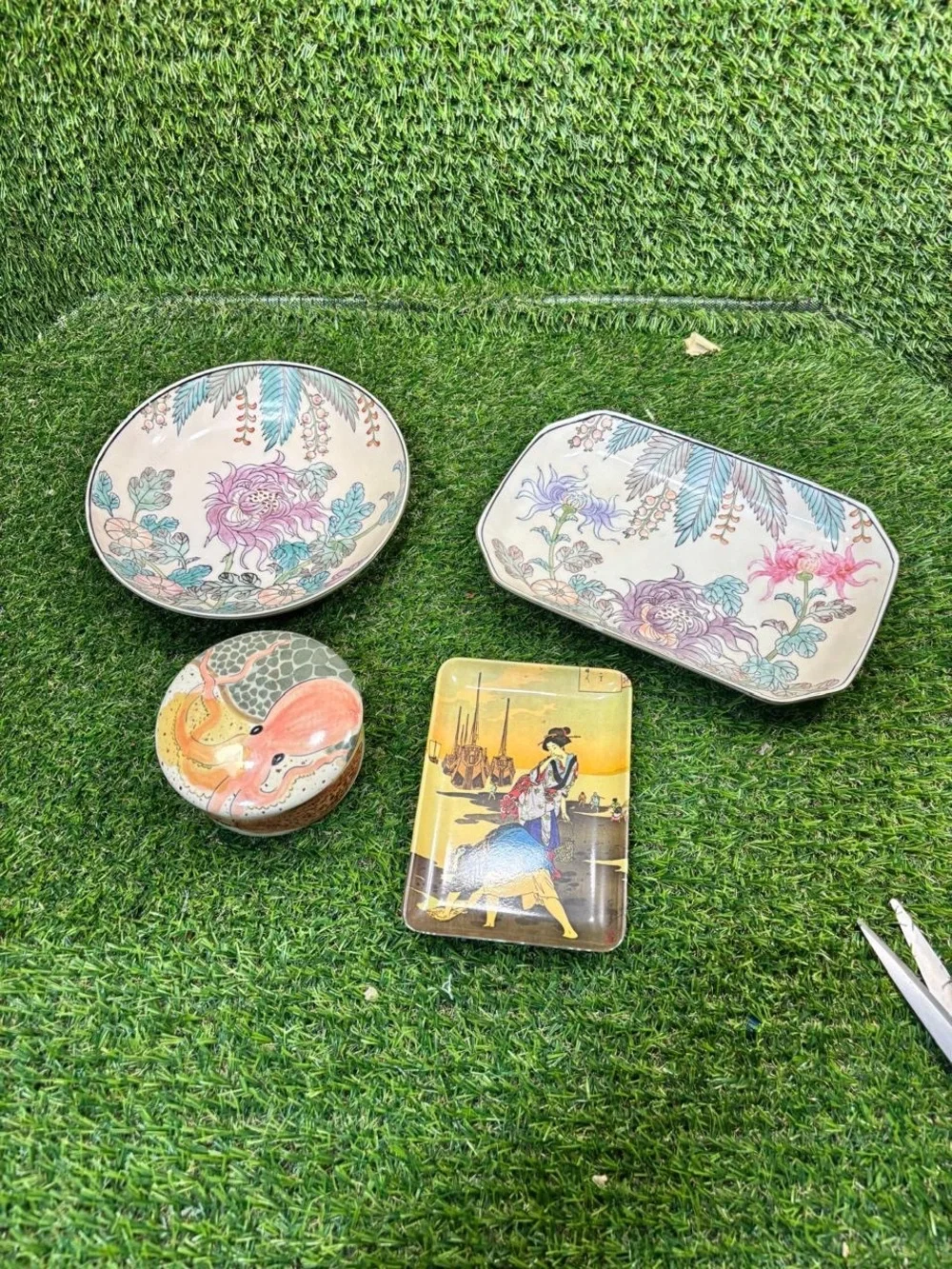 Vintage Asian Decor Lot Macau Porcelain Octopus Box Japanese Tray 4 Pc Rare